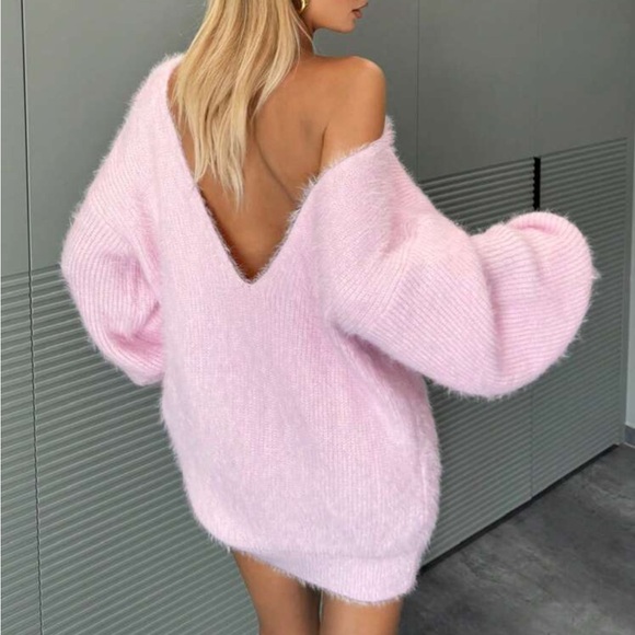 Oversized Multicolor Bouclé V-neck Pullover Sweater Dress With Side Slit main image 0